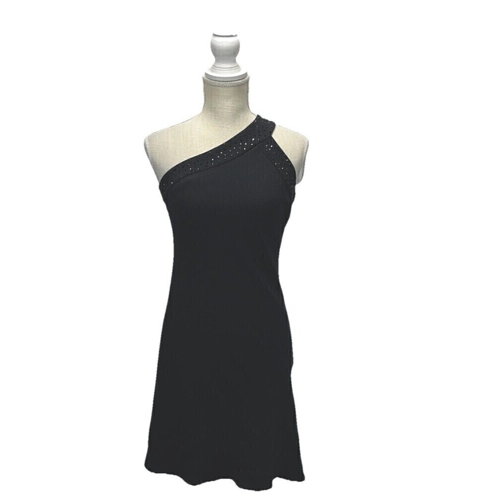 Vtg Chetta B Sherrie Bloom Peter Noviello Black One Shoulder Dress 4 Rhinestone